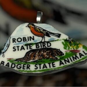 Robin and Badger State Pendant broken plate large Wisconsin